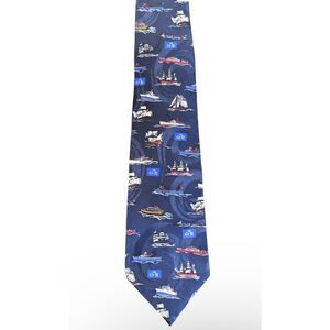 Wembley Men’s 109% Silk Tie All Over Boat Pattern Navy Blue 58” Nautical Career